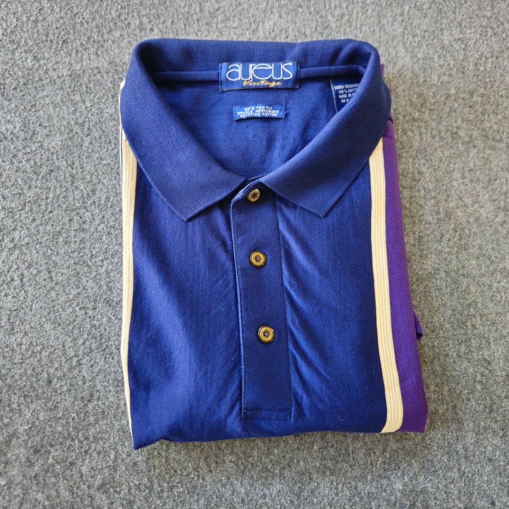 Vintage Aureus Retro Polo Mens XL Blue Striped Egyptian Cotton Short Sleeve EUC
